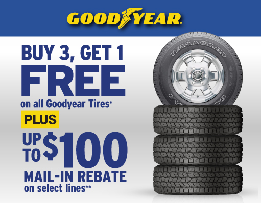 Buy 3 Get 1 Free on all Goodyear Tires