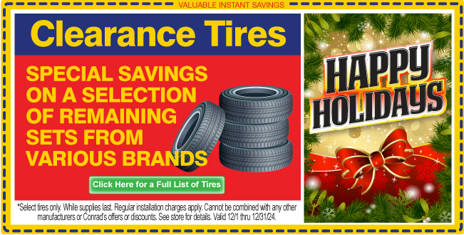 Clearance Tires.  Special savings on a selection of remaining sets from various brands.