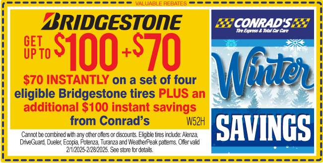 $100 instant + $70 instant savings on eligible Bridgestone tires